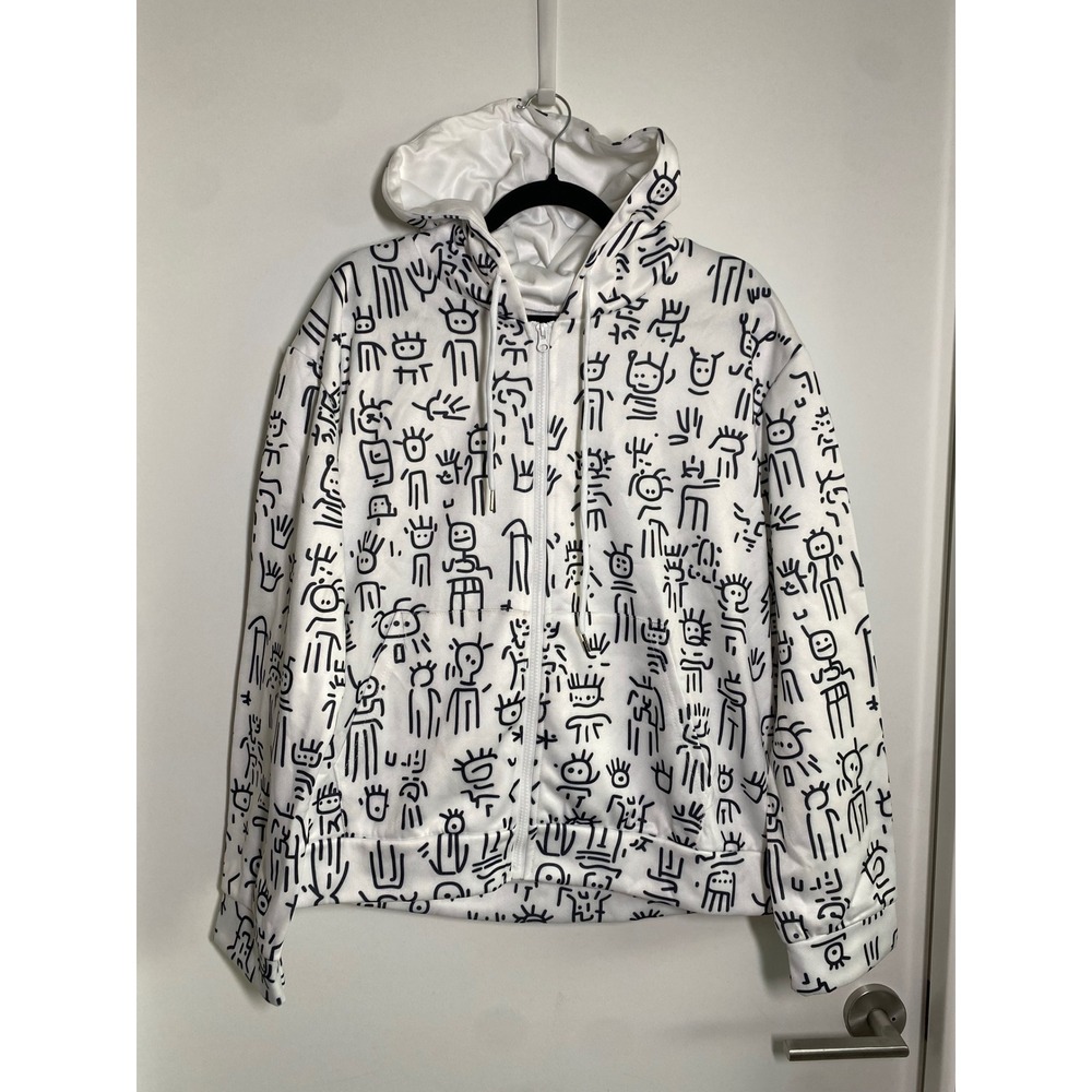 Men's Zip Up Hoodie XL NWT Tribal Stick Figure Print Graphic Blk White doodles